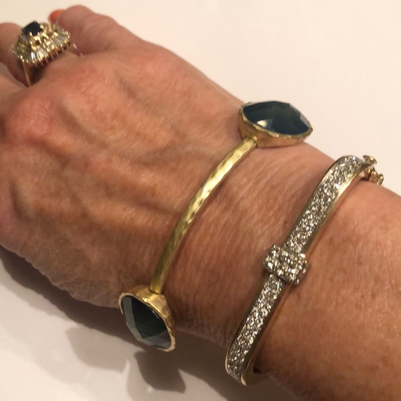 Gold Hammered Bangle Bracelet with Blue Stones - Picture 1 of 7